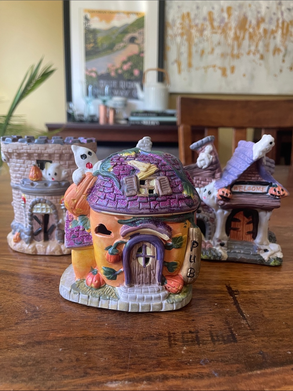 3 Ceramic Hand painted Cute Halloween Pumpkin Village Houses Tiny Small 4” tall